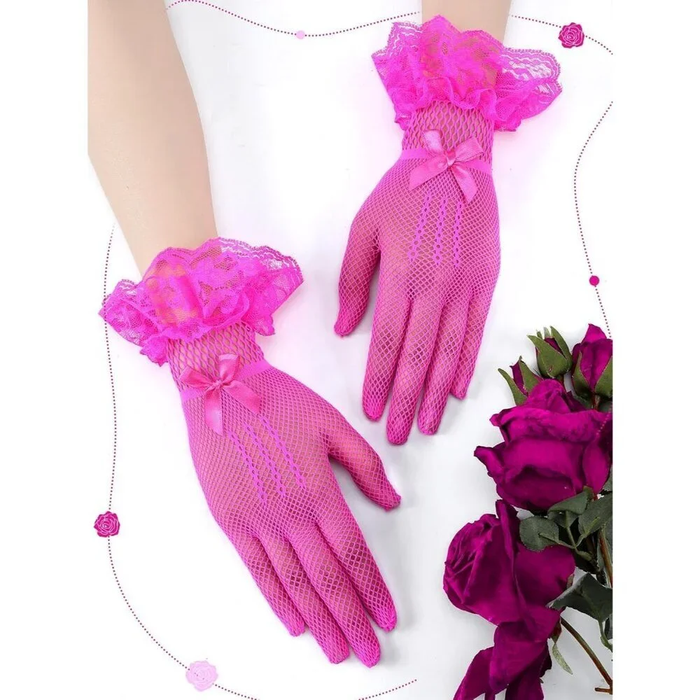 Women's Elegant Rose Red Short Bow Style Lace Gloves Dinner Wedding Party Prom